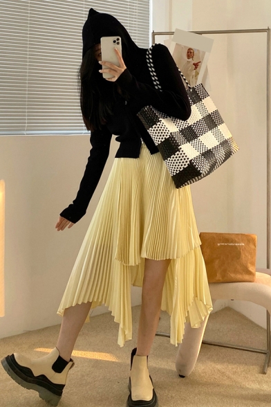 Designer Womens Pleated Skirt Solid Color Asymmetrical Mid Skirt