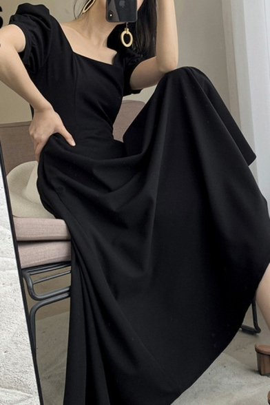 Elegant Ladies Dress Solid Square Neck Short Puff Sleeve Midi A-Line Dress