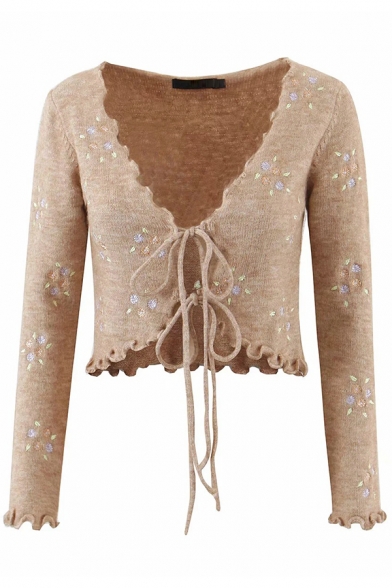 Fashionable Womens Cardigan V Neck Flower Embroidery Lace-Up Slim Fit Long-Sleeved Crop Cardigan