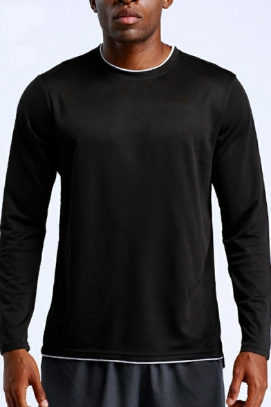 Leisure T-Shirt Solid Color Long Sleeve Round Neck Regular Fit T-Shirt for Men