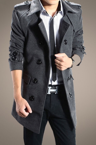 Mens Trench Coat Vintage Plain Long Sleeve Button up Lapel Collar Regular Fitted Trench Coat