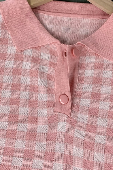 Normal Ladies Polo Shirt Turn Down Collar Plaid Pattern Short Sleeve Regular Fit Knit Polo Shirt