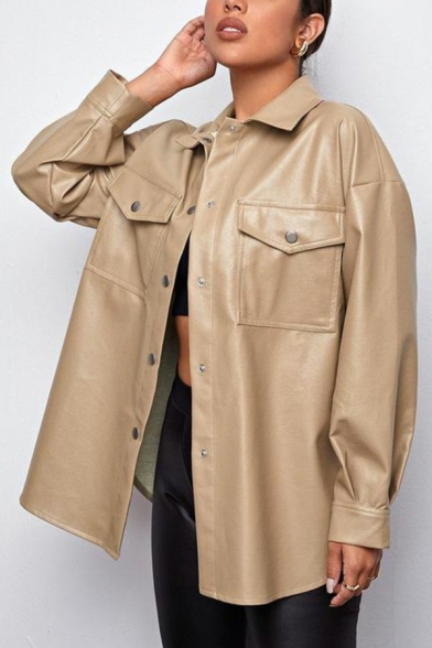 Popular Womens Jacket PU Leather Turn Down Collar Single Breasted Chest Pockets Long Sleeve Asymmetric Hem Straight Biker Jacket