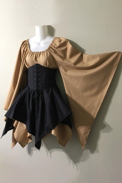 Retro Asymmetrical Dress Color Block Long Flare Sleeve Scoop Neck Belt Detail Mini Womens Dress