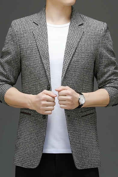 Retro Guy's Blazer Heathered Lapel Collar Long Sleeves Slim Fit Button Closure Suit Jacket