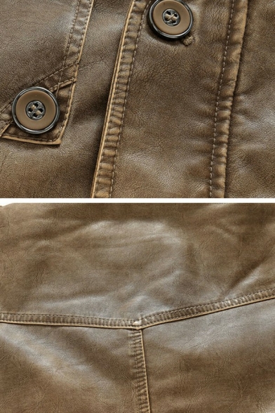 Retro Men Coat Plain Side Pocket Stand Collar Long Sleeve Regular Zip Down Leather Jacket