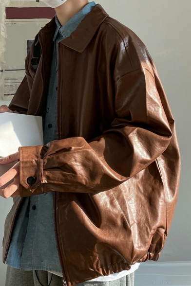 Retro Mens Jacket Solid Pocket Detail Spread Collar Loose Long Sleeve Zip Fly PU Jacket