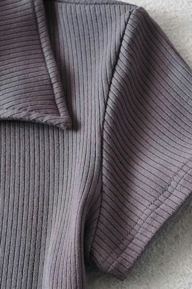 Sexy Ladies Polo Shirt Solid V-Neck Short Sleeve Rib Knit Slim Cropped Polo Shirt