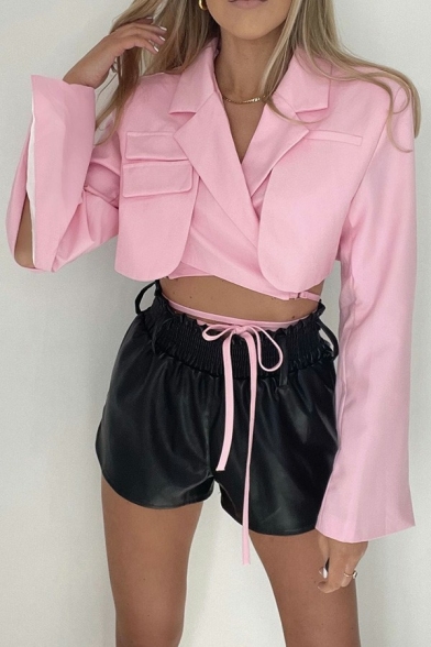 Simple Girls Blazers Plain Notched Lapel Bow Tied Waist Long Sleeve Slim Cropped Suit Jacket