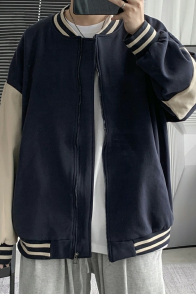 Simple Jacket Contrast Line Pocket Loose Long-Sleeved Stand Collar Baseball Jacket for Men