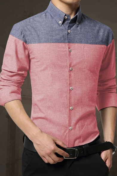 Simple Shirt Color Block Point Collar Long-Sleeved Skinny Button Closure Shirt for Guys