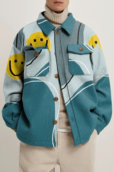 Street Look Jacket 3D Print Pocket Long Sleeves Baggy Turn-down Collar Jacket for Guys