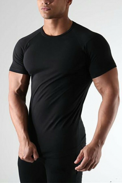 Stylish Boys T-Shirt Pure Color Round Neck Short Sleeve Slim Fit T-Shirt