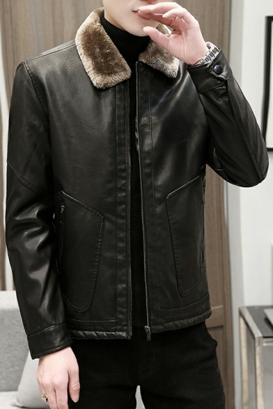 Stylish Jacket Pure Color Spread Collar Long-sleeved Relaxed Zip Up Brushed Leather Jacket