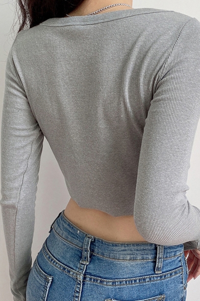 Stylish Womens Crop Knit Top V-Neck Plain Button Down Long Sleeve Slim Fit Crop Top in Green