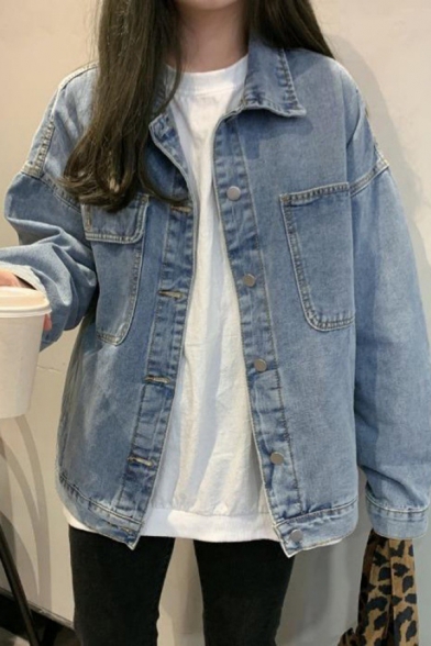 Trendy Girls Jacket Solid Chest Pockets Single Breasted Turn-Down Collar Long Sleeve Oversized Denim Jacket