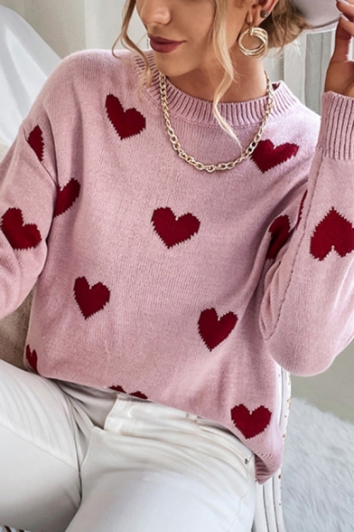 Trendy Ladies Sweater Heart Pattern Round Neck Long Sleeve Oversized Sweater