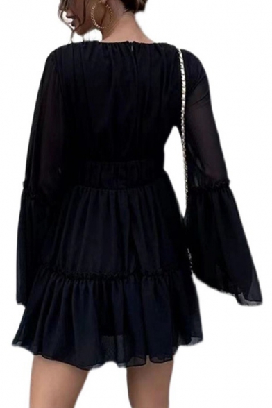 Trendy Pleated Dress Solid Color Long Flare Sleeve V-Neck High Waist Mini Womens Dress