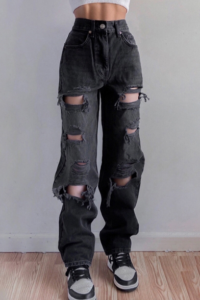 Trendy Womens Jeans Dark Wash Distressed Ripped Zipper Fly Long Straight Loose Fit Jeans