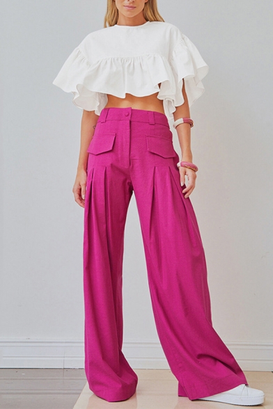 Trendy Womens Pants Solid Zip Fly Flap Pockets Pleated Detail High Rise Full Length Wide Leg Pants