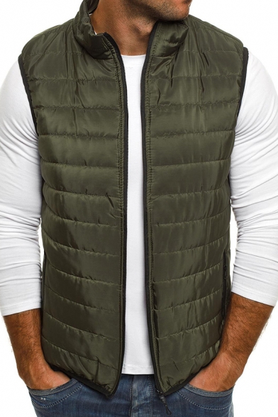 Unique Mens Vest Pure Color Sleeveless Stand Collar Regular Fitted Zip Closure Vest