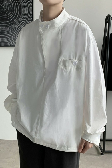 Vintage Boys Shirt Plain Long Sleeve Chest Pocket Stand Collar Loose Fit Button Shirt