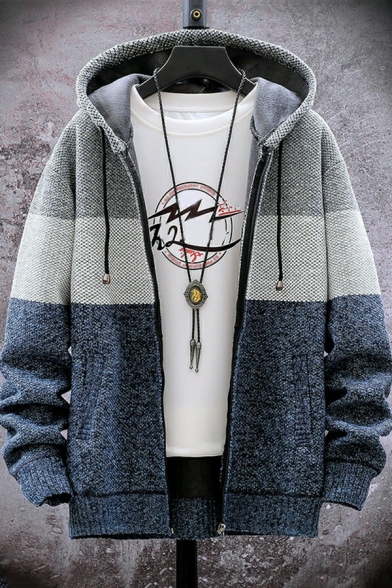 Boy's Street Style Cardigan Color Block Pocket Fitted Long Sleeve Drawcord Zipper Cardigan