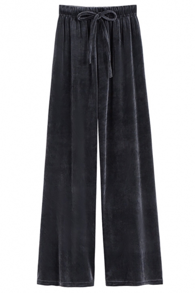 Casual Girls Pants Solid Color Velvet Elastic Waist Drawstring High Rise Straight Palazzo