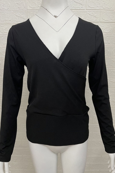 Casual Ladies Knit Top V-Neck Solid Color Long Sleeve Slim Fitted Knit Top