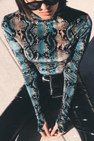 Chic Womens Bodysuit Snake Pattern Mock Neck Slim Fitted Long-Sleeved Bodysuit