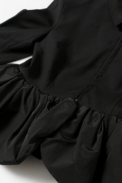 Creative Womens Blazer Turn Down Collar Puff Hem Zipper Closure Slim Fitted Blazer in Black