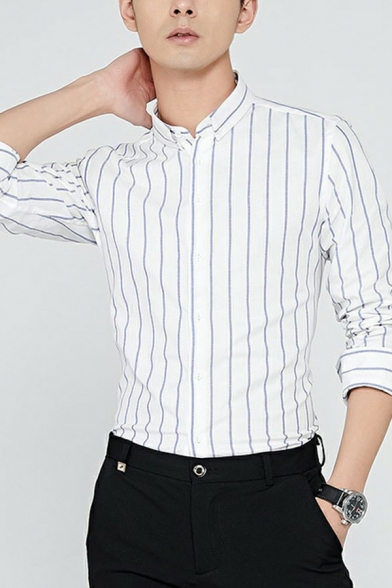 Daily Mens Shirt Stripe Pattern Long Sleeve Button-down Collar Slim Fit Button Shirt