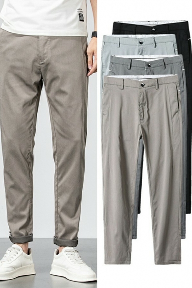 Dashing Mens Pants Solid Color Button Closure Mid Rise Regular Fit Pants