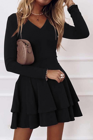 Edgy Womens Dress Solid Color V-Neck Long Sleeve Mini A-Line Dress