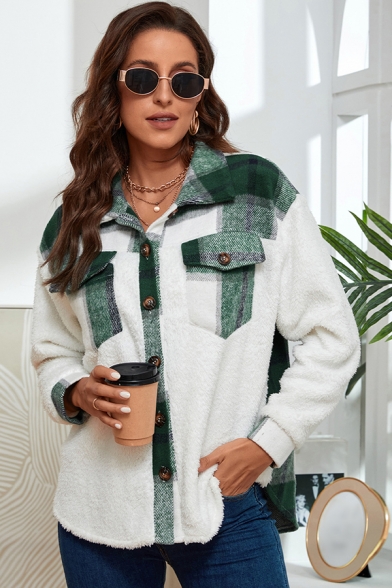 Fashionable Ladies Jacket Plaid Spread Collar Single Breasted Chest Pockets Long Sleeve Relaxed Jacket