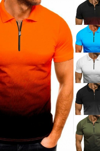 Freestyle Polo Shirt 3D Ombre Print Spread Collar Short Sleeve Slim Zip Polo Shirt for Men