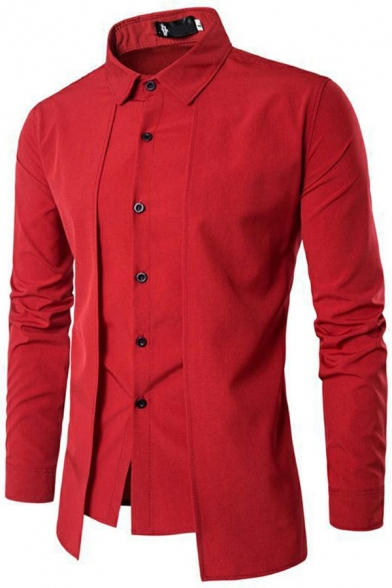 Guy's Street Look Shirt Plain Panel Design Button-down Long Sleeves Point Collar Slim Shirt
