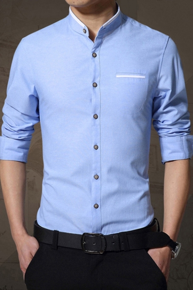 Hot Shirt Whole Colored Long Sleeve Regular Fit Button Closure Stand Collar Shirt for Men