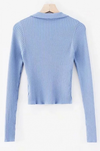 Leisure Girls Polo Solid V-Neck Rib Knit Long Sleeve Slim Cropped Polo Shirt
