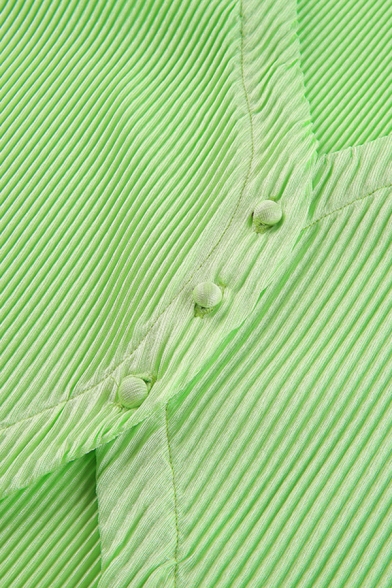 Leisure Green Shirt V-Neck Button Up Flare Sleeve Shirt for Women
