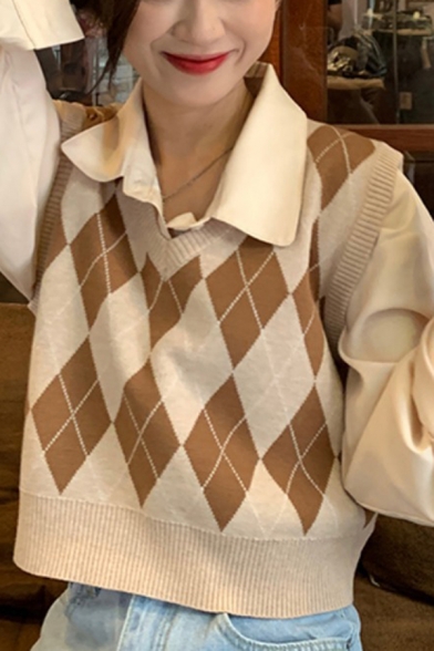 Leisure Knitted Vest Argyle Pattern V-Neck Rib Hem Regular Fit Sleeveless Sweater Vest for Women
