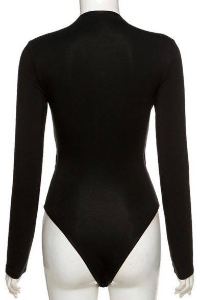 Leisure Ladies Bodysuit Solid Color Round Neck Hollow Long Sleeve Slim Fit Bodysuit
