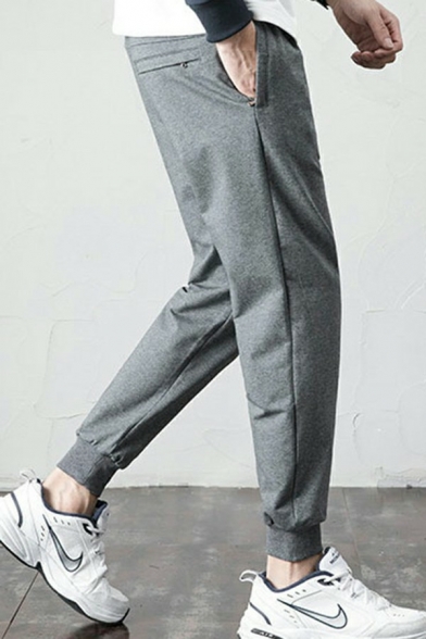 Modern Mens Pants Plain Drawstring Elastic Waist Mid Rise Skinny Fit Pants with Pocket