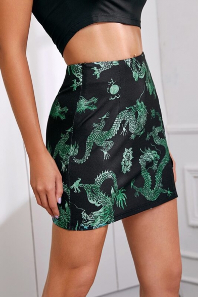 Retro Ladies Skirt Dragon Pattern High Waist Split Hem Slim Mini A-Line Skirt