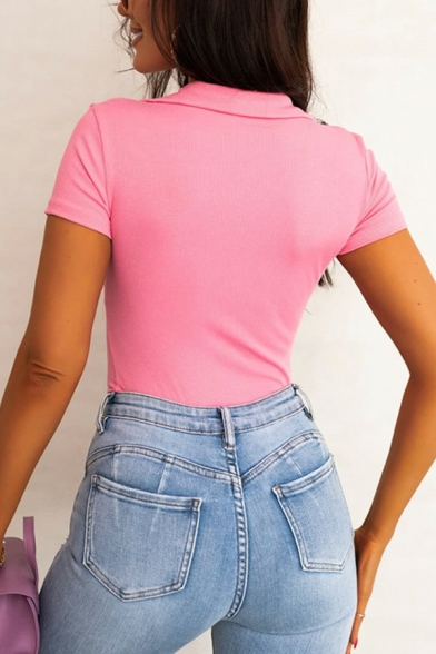 Sexy Womens Polo Shirt Plain V-Neck Short Sleeve Slim Cropped Polo Shirt