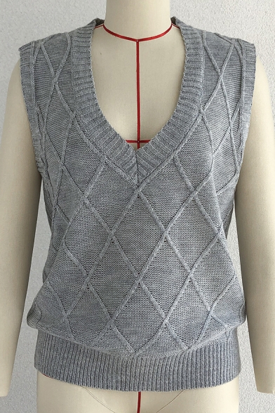 Simple Womens Sweater Vest Plain V Neck Cable Knit Sleeveless Straight Fit Vest