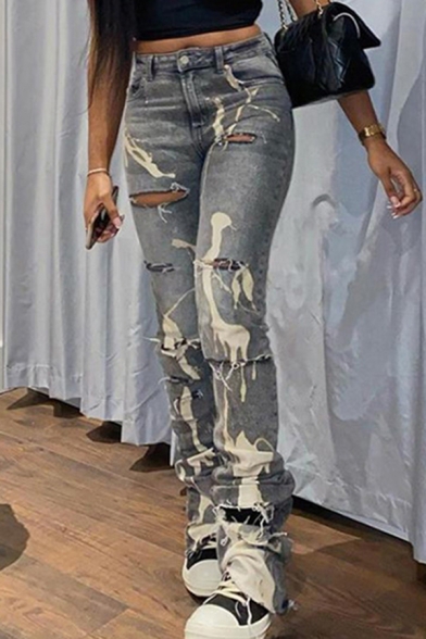 Street Look Girls Jeans Gray Zip Fly High Rise Splash-Ink Print Destroyed Full Length Skinny Jeans