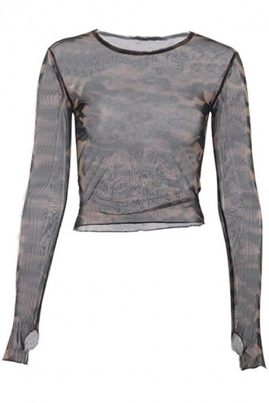Stylish Womens Sheer T-Shirt Camouflage Print Crew Neck Long Sleeve Fitted Crop T-Shirt