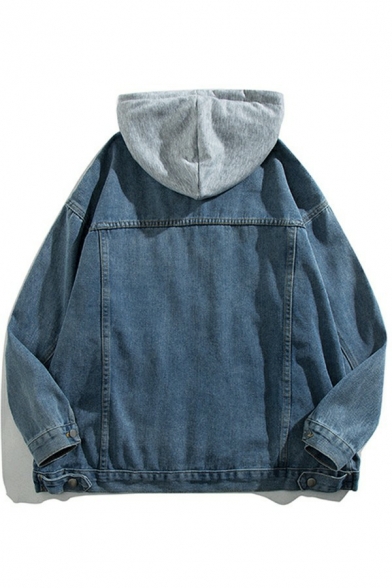 Trendy Boy's Jacket Fake Two Piece Patchwork Zip Closure Loose Fit Denim Jacket with Hood