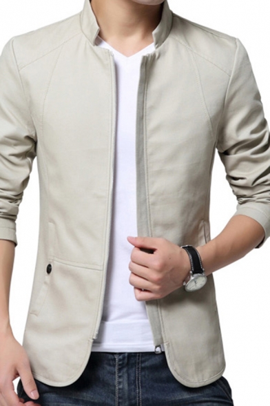 Trendy Plain Mens Jacket Zip Closure Pockets Detail Stand Collar Regular Fit Jacket